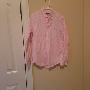 Ralph Lauren Pink White Checkered Long Sleeve Cotton Blue Horse Logo Shirt